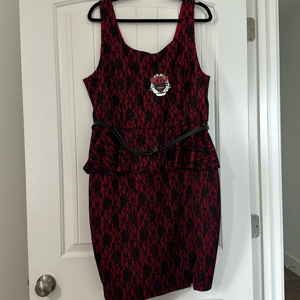 Red and black lace dress